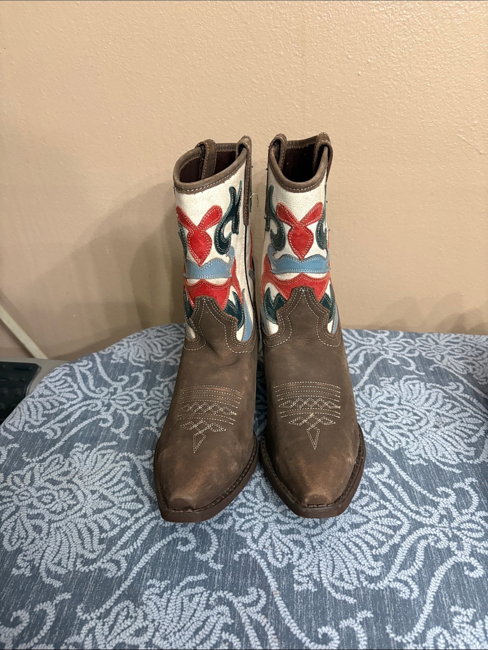 Laredo Brown Leather Women's Western Boots with White, Red & Blue Shaft